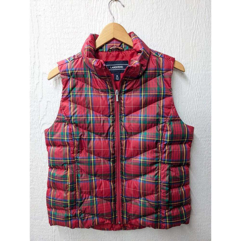 Lands' End Puffer Vest Plaid Red Tartan Down Filled Full Zip Puffer Women's Med